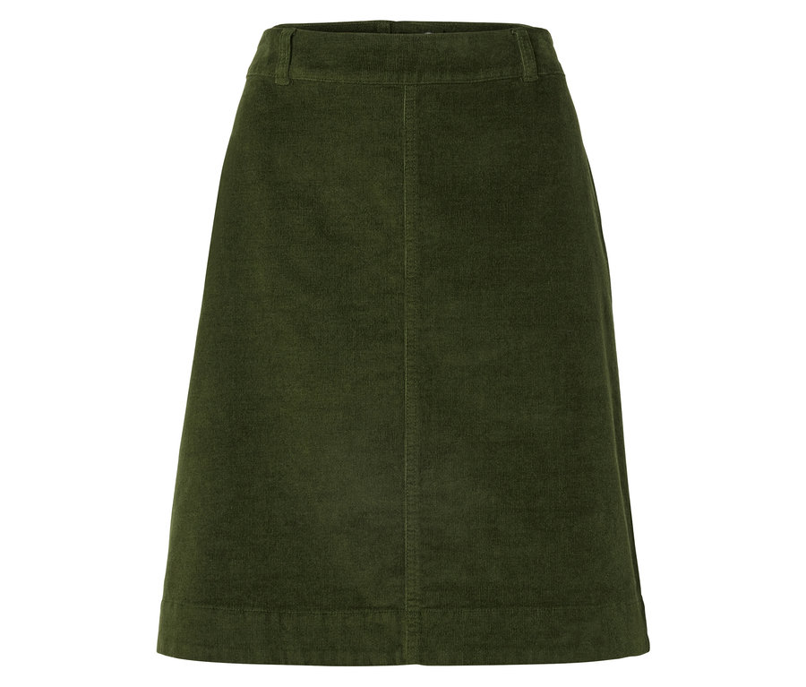 Egy olívazöld, A-vonalú kordbársony szoknya fehér háttér előtt.