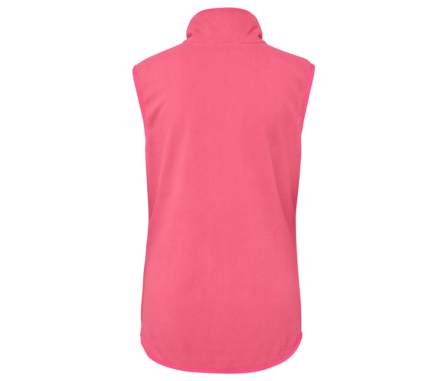 Rózsaszín, galléros polár mellény hátulnézete.