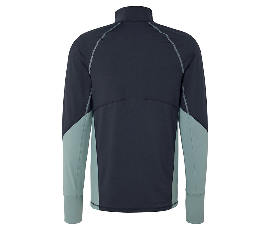 Hátulnézet egy sötétkék, hosszú ujjú dzsekiről, világoskék ujjal.