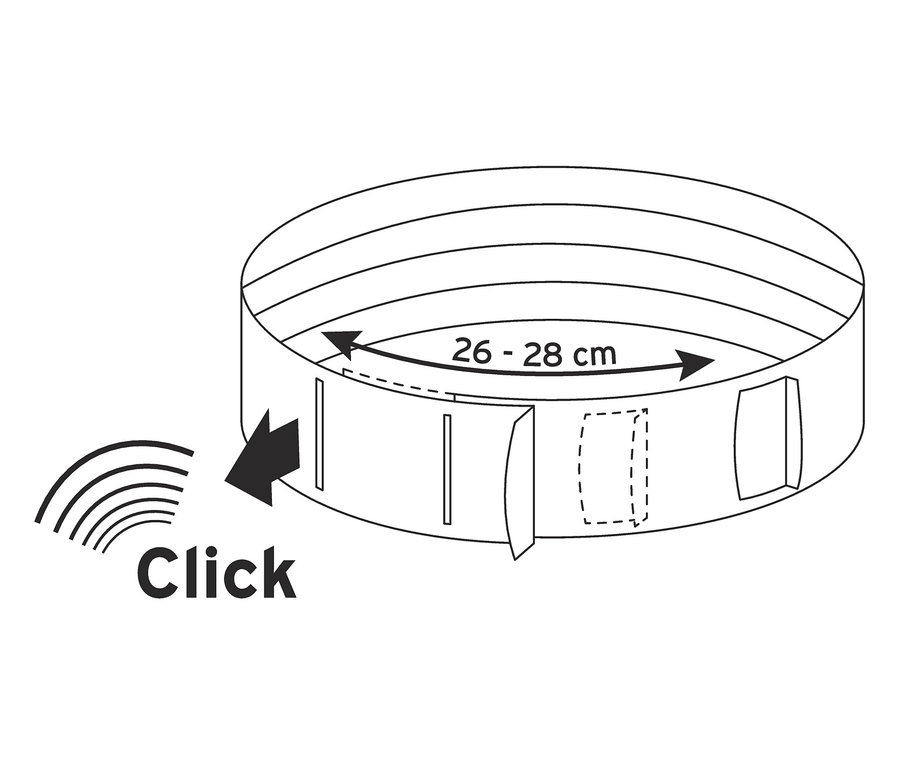 Egy 26-28 cm átmérőjű kör alakú forma illusztrációja a "Click" felirattal és egy nyíllal.