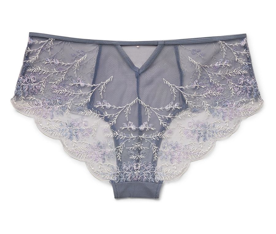 Szürke, magas derekú női bugyi virágos hímzéssel, fehér háttéren.