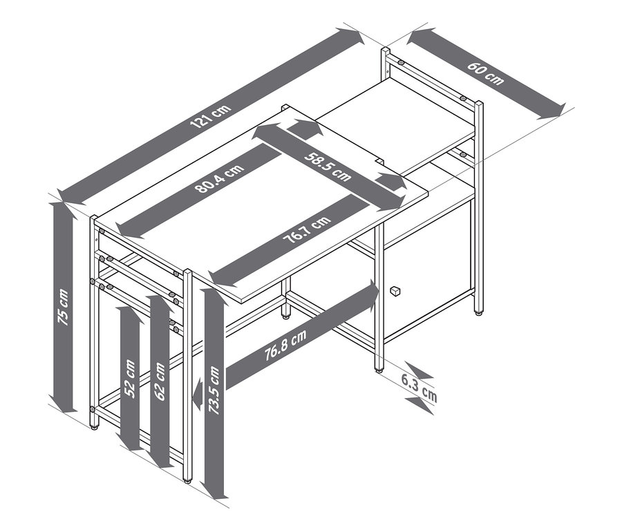 A képen a »GRADE« állítható magasságú íróasztal gyerekeknek sematikus rajza látható méretekkel.