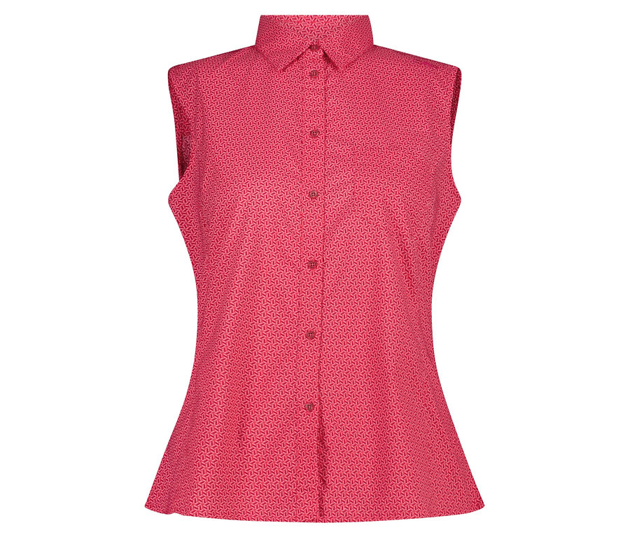 Ujjatlan, mintás, piros blúz gombokkal.