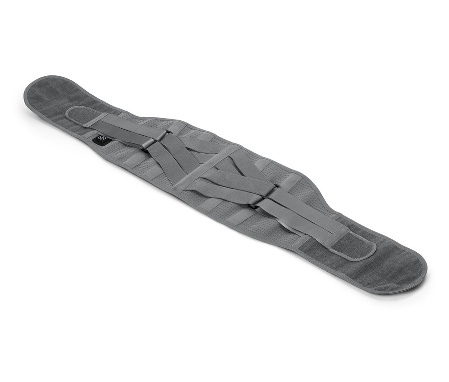 Szürke, tépőzáras hátvédő átlósan fekszik egy fehér háttéren.