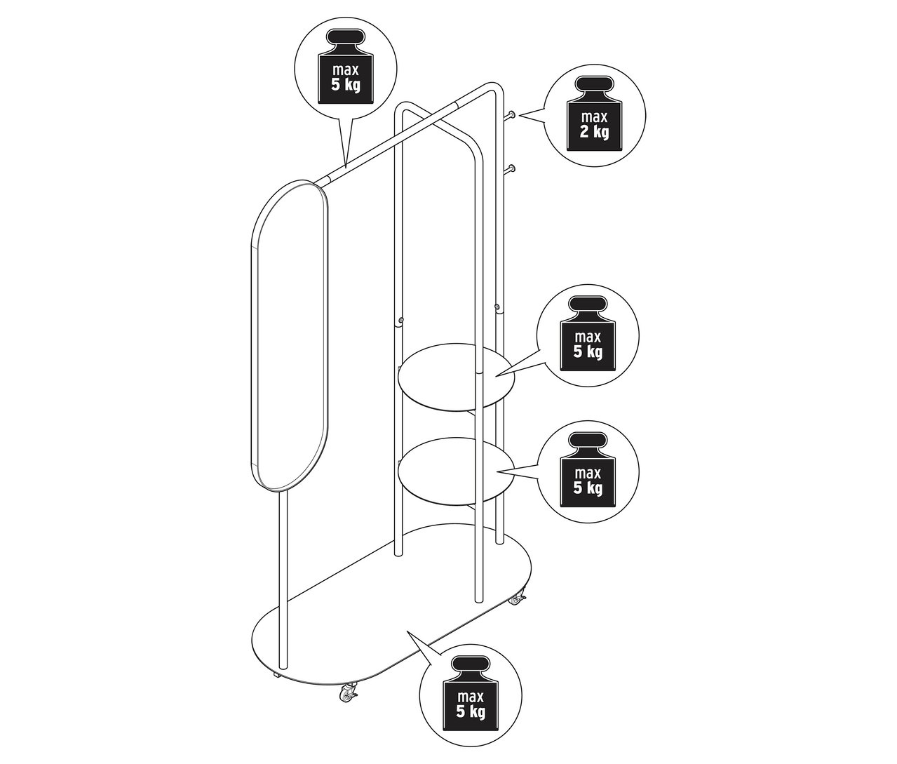 Egy görgős szobainas látható nagy tükörrel.