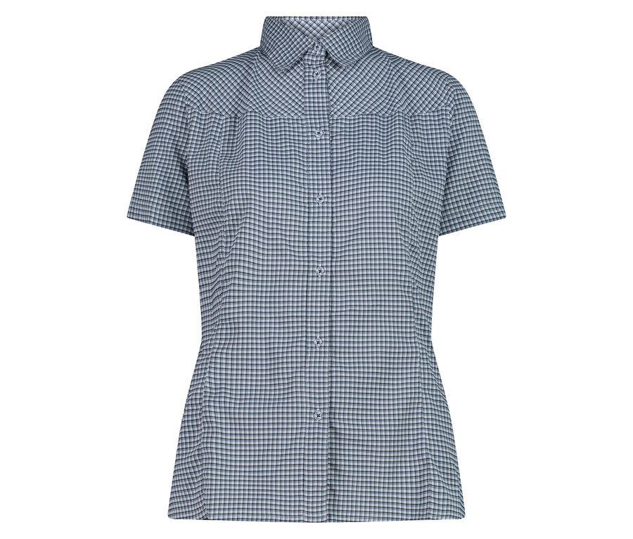 Egy kék-fehér kockás, rövid ujjú ing gallérral és gombokkal.