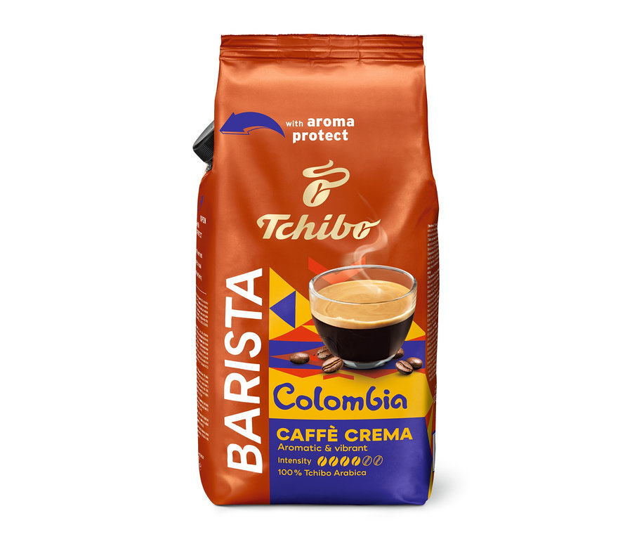 Egy 1 kg-os BARISTA Origins Colombia szemes kávé csomag látható álló helyzetben.