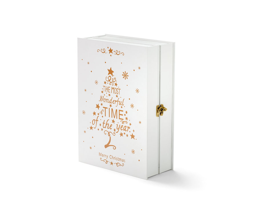 Egy fehér LED-es adventi kalendárium arany karácsonyfa mintával és zárral.