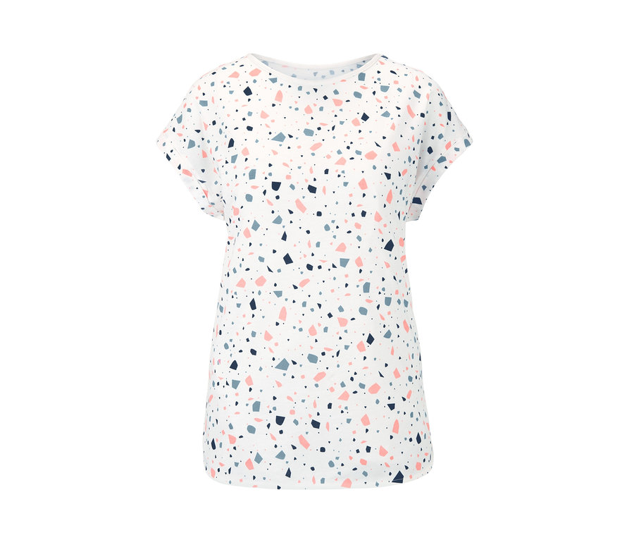 Egy fehér, terrazzo mintás rövid ujjú női felső.