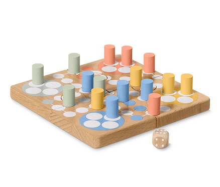 Fa Ludo-puzzle színes bábukkal és dobókockával.