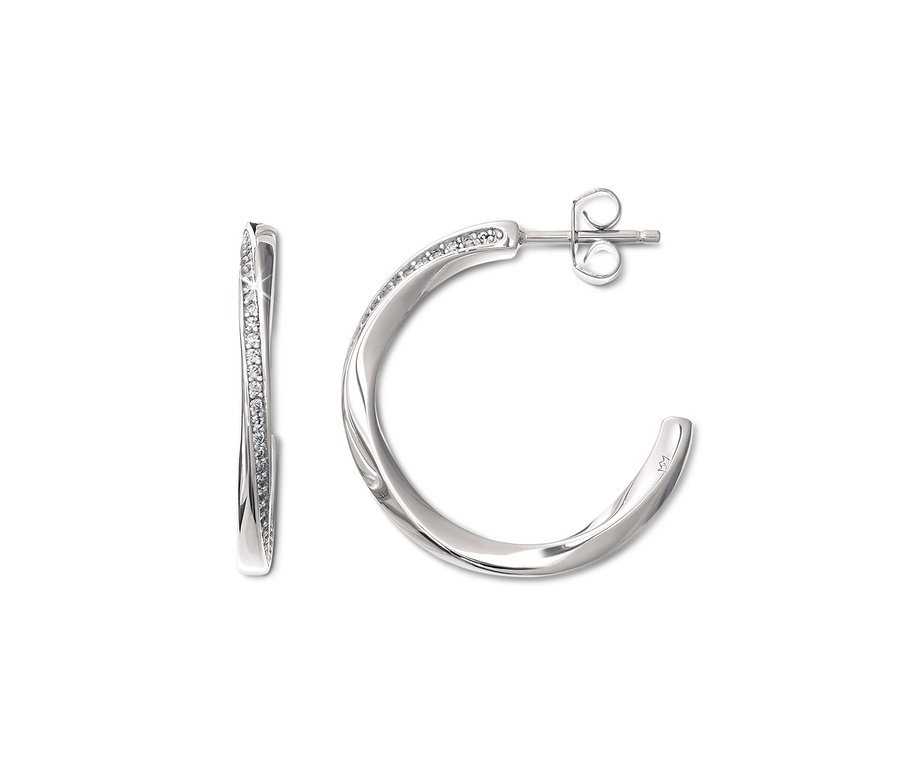 Két félkarika fülbevaló, ródiummal bevont 925-ös ezüstből, cirkóniával, fehér alapon.