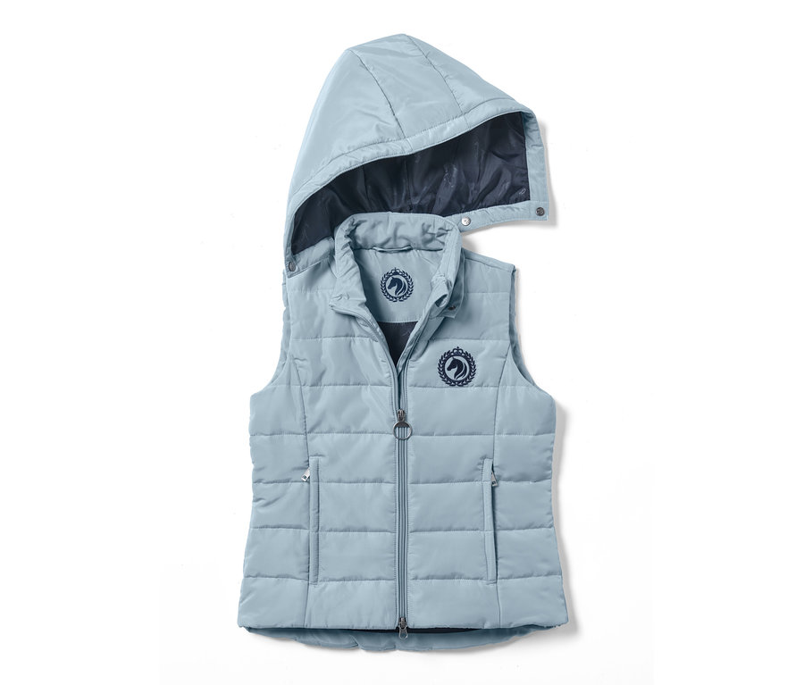 Világoskék lovaglómellény kapucnival és ló logóval.