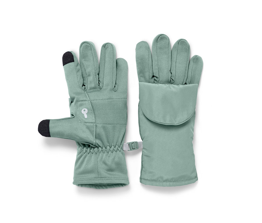 Két világoszöld 2 az 1-ben futókesztyű zsebbel egymás mellett.