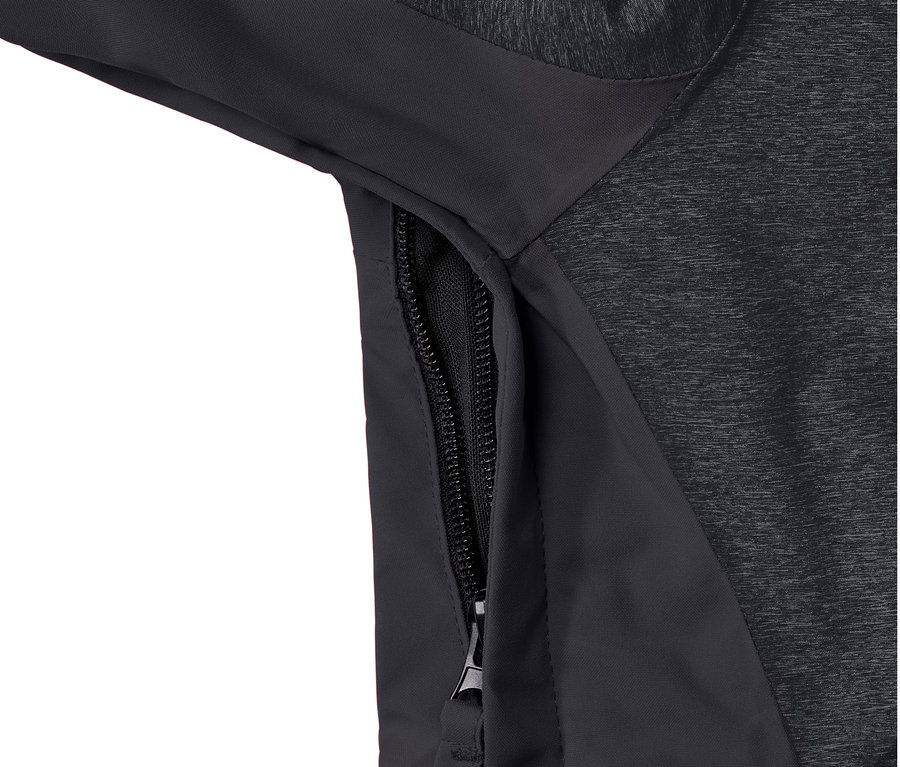 Egy szürke Férfi high-tech síkabát részlete cipzárral.