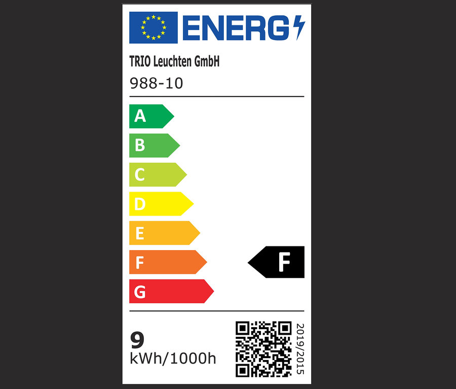 Egy F energiaosztályú készülék energiacímkéje, 9 kWh/1000h fogyasztással és egy QR kóddal.