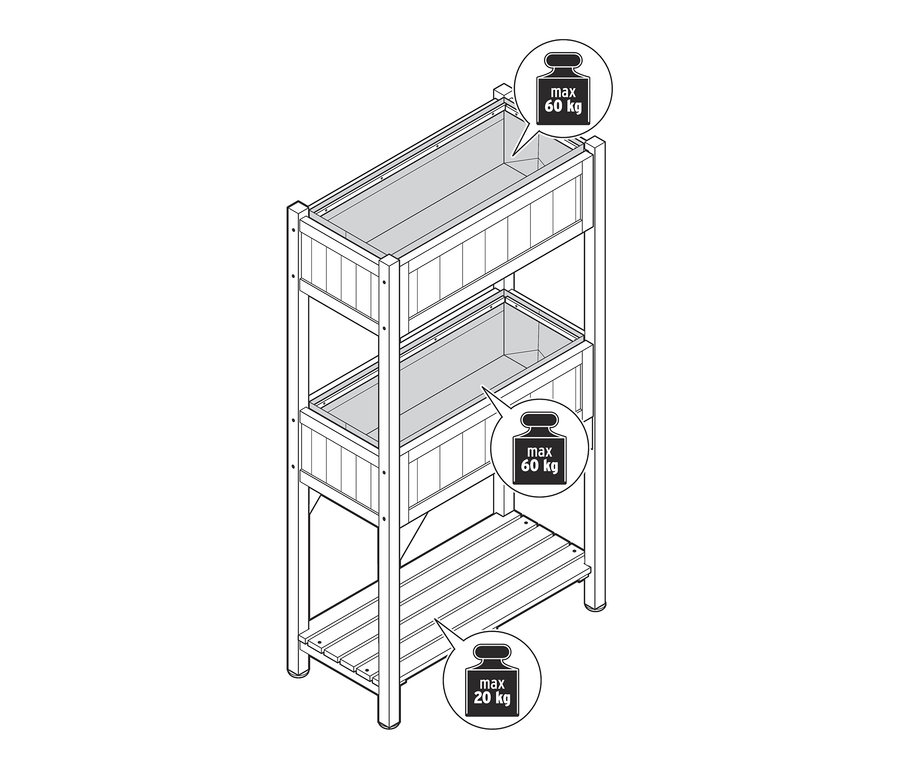 Illusztráció egy háromszintes Elin növénytartó állványról.