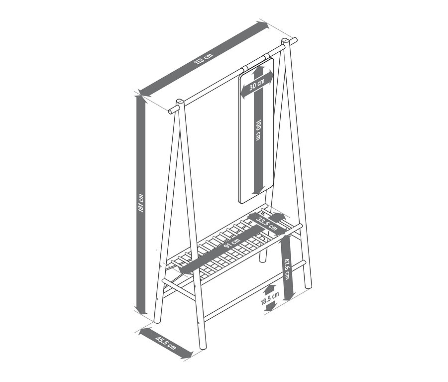 Egy ruhaszárító állvány rajza méretekkel.