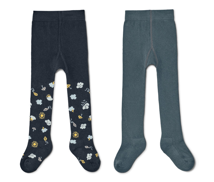 Két kék harisnyanadrág kisgyerekeknek. Egy sötétkék, nap-, felhő- és esőmintával, egy világoskék.