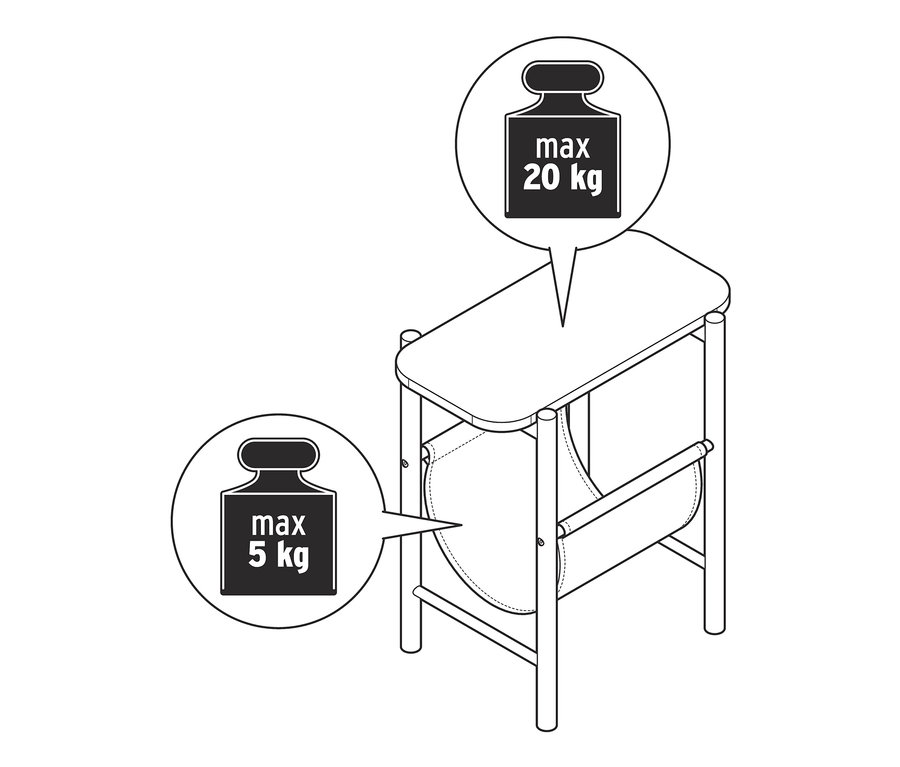Illusztráció egy kisasztalról, tölgy, maximum 20 kg terhelhetőséggel a tetején és 5 kg-mal a tároló felületén.
