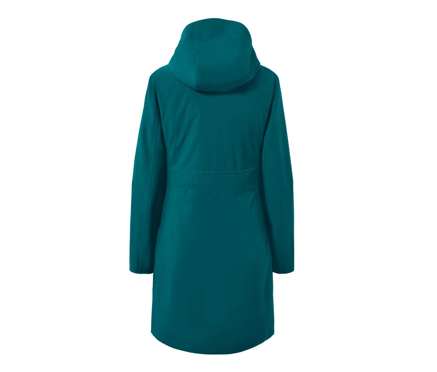 Hátulnézet egy olajkék, 3 az 1-ben funkcionális kabátról.