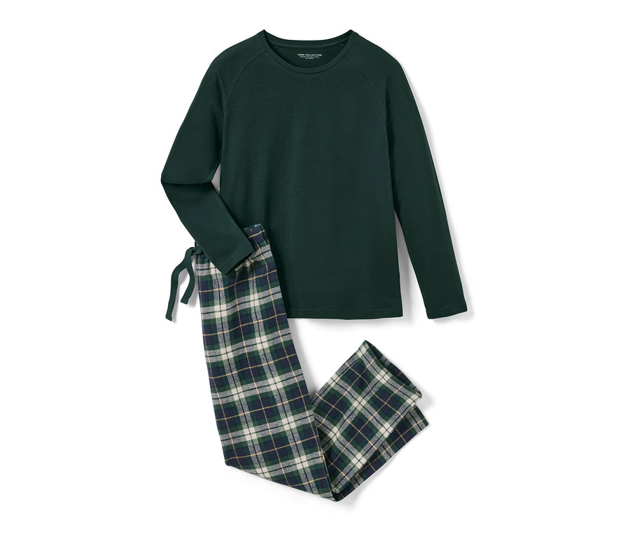 Gyerek flanel pizsama: zöld felső és kockás nadrág.