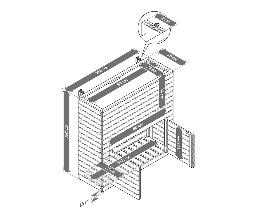 A »Tinus« térelválasztó virágláda tárolószekrénnyel illusztrációja a méretekkel.