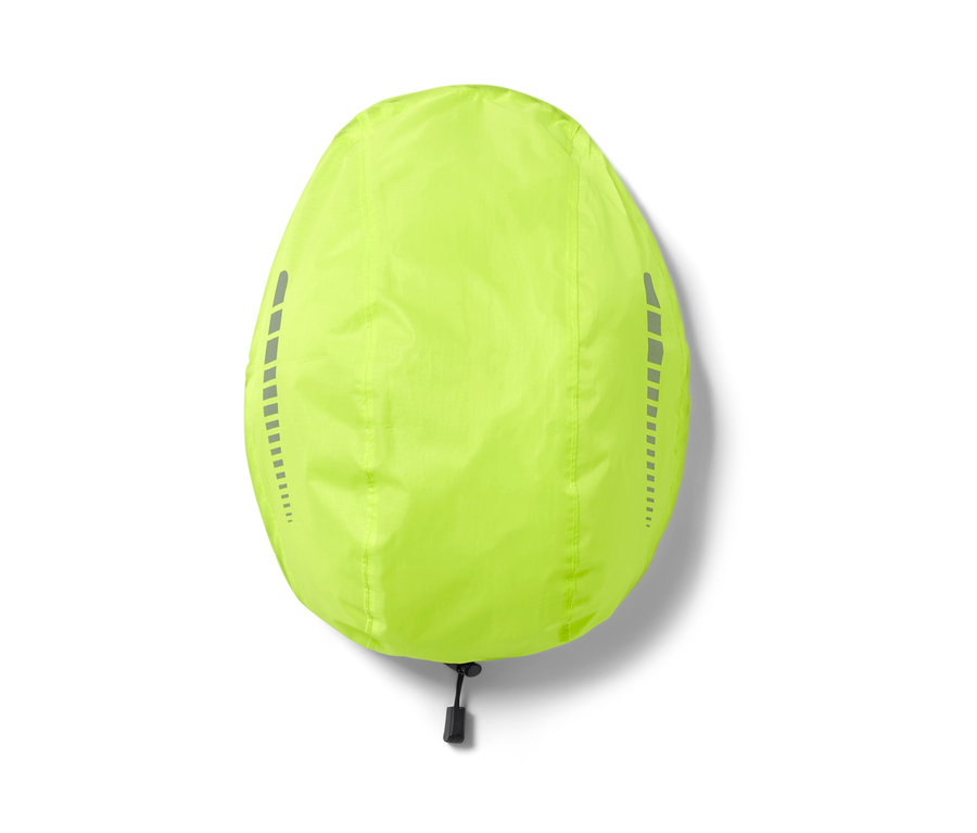 Egy neonsárga bukósisak védőhuzat fényvisszaverő csíkokkal az oldalán.