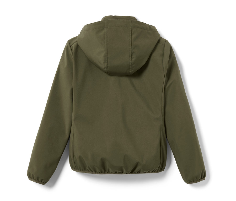 Hátulnézet egy olívazöld, kapucnis lány hibrid lovaglókabátról.