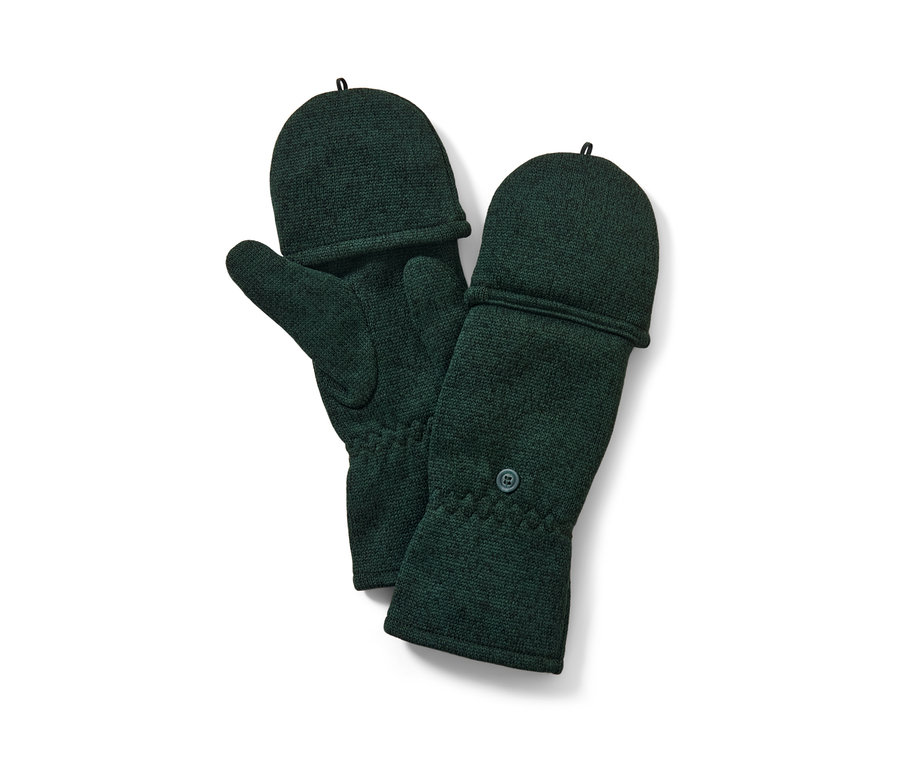 Zöld, lehajtható kötött polárkesztyűk egymás mellett.