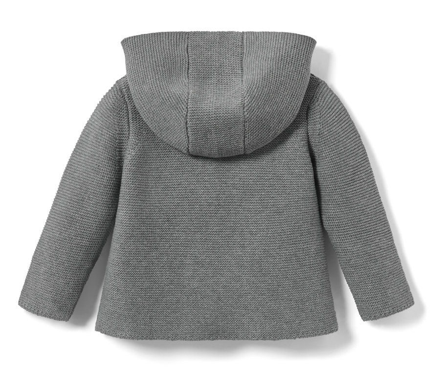 Egy melírozott szürke, kötött kisgyerek kardigán részlete hátulnézetből.