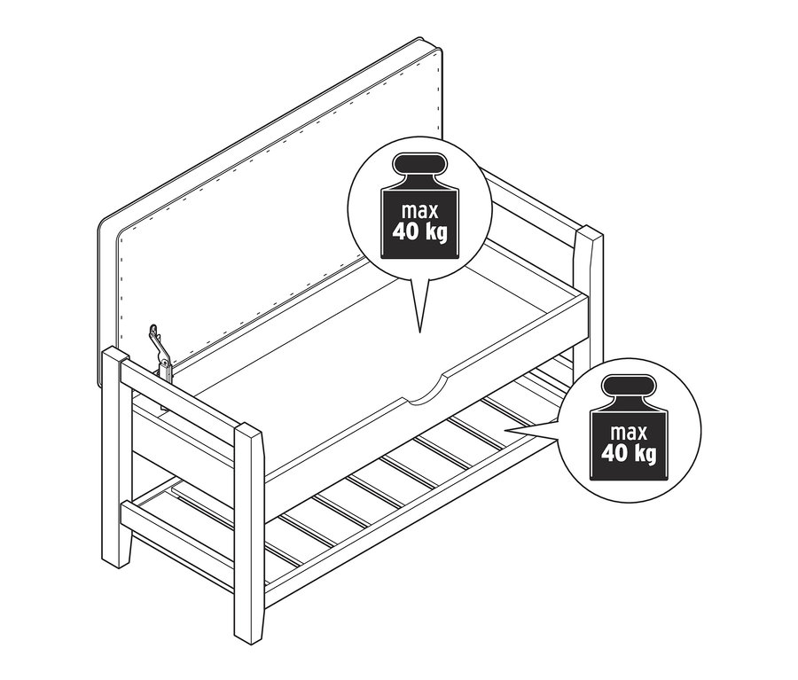 Egy vázlat egy nagy tárolóhellyel rendelkező ülőpadra, nyitott fedéllel.