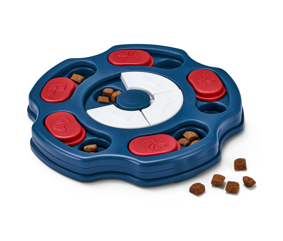 Intelligenciafejlesztő kutyajáték kék tálcával, piros csúszkákkal és fehér csontokkal, tele finomságokkal.