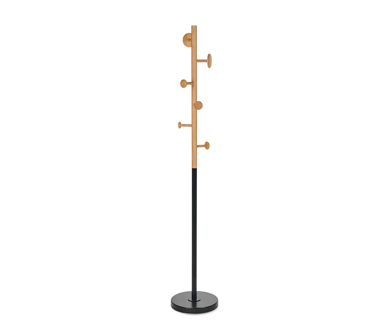 Fából készült akasztókkal és fekete alappal rendelkező ruhafogas.