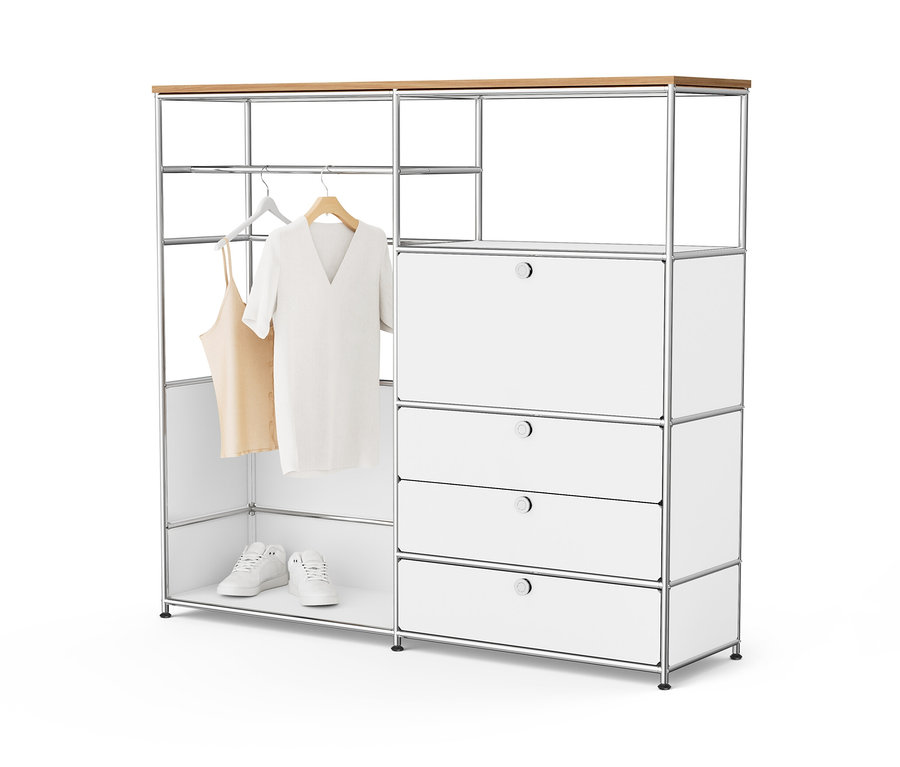 Fehér »CN3« fém komód fa felső lappal, akasztórúddal, ajtóval és 3 fiókkal.