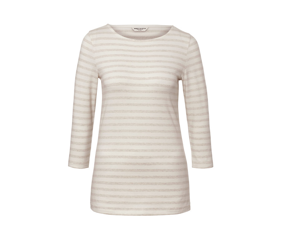 Fehér-bézs színű, 3/4-es ujjú, csíkos felső.
