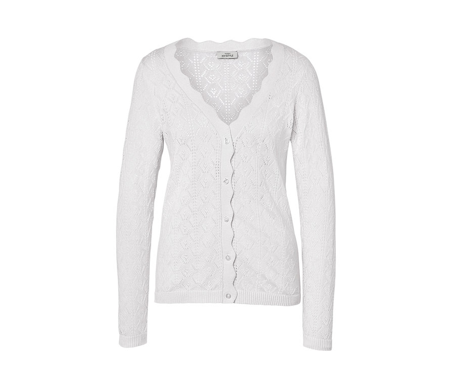 Fehér, áttört mintás kötött kardigán.