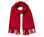 Egy piros, rojtos sál fehér háttérrel.