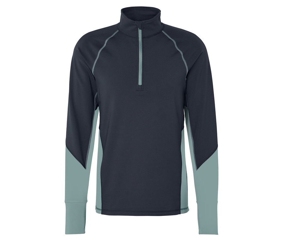 Sötétkék, hosszú ujjú póló világoskék betétekkel és cipzárral.