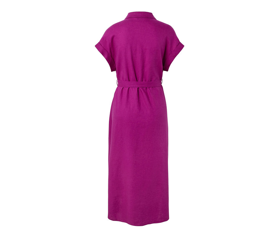 A fukszia színű, lenvászon női blúzruha hátulnézete.