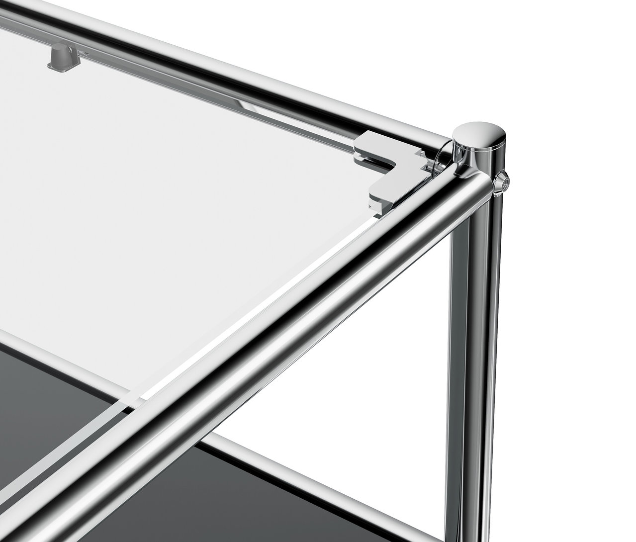 A szürke »CN3« fém alacsony szekrény részlete lenyíló ajtóval és üveglappal.