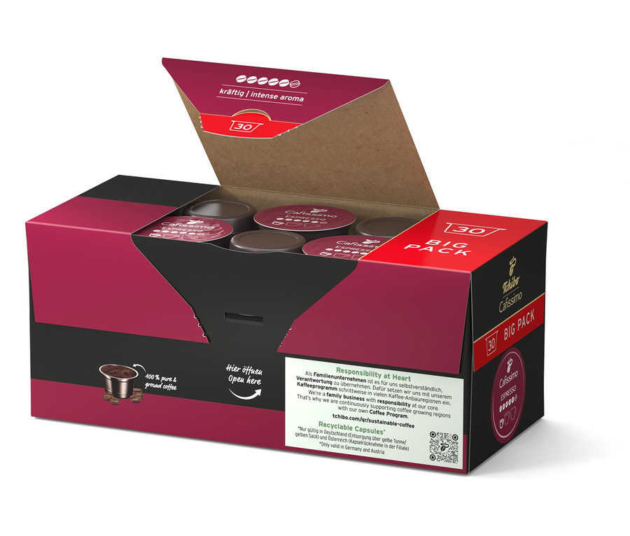 Nyitott Cafissimo Espresso kräftig kávékapszula csomag.