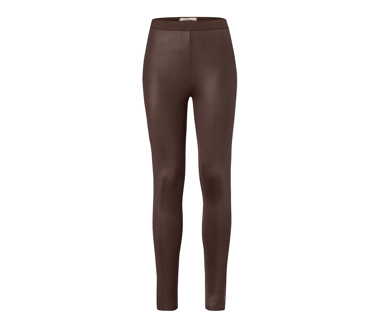 Egy barna, bőrhatású női leggings.