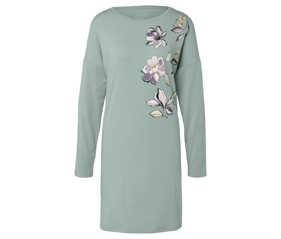 Világoszöld, hosszú ujjú ruha virágmintával.