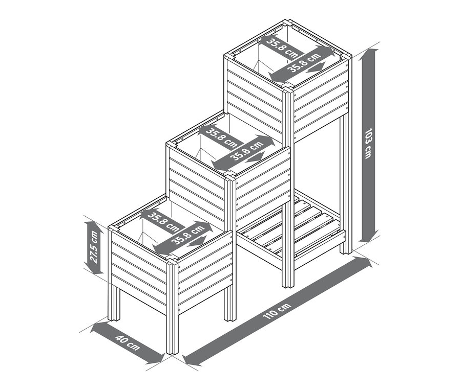 A »Tinus« lépcsős ültetőláda polclappal vázlatos rajza, méretekkel.