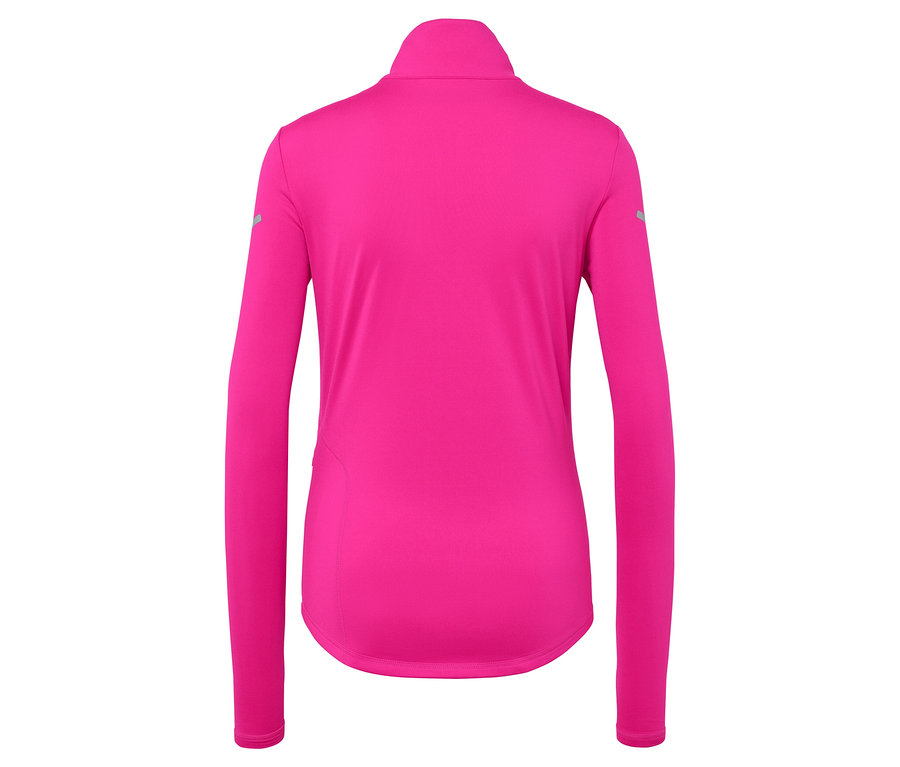 Hátulnézet egy rózsaszín, hosszú ujjú, cipzáros sportfelsőről.