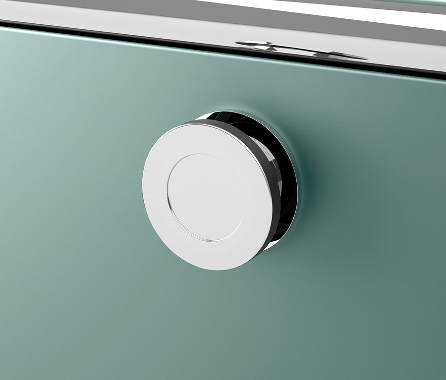 Egy világoskék bútor részlete, kerek, ezüst fogantyúval.