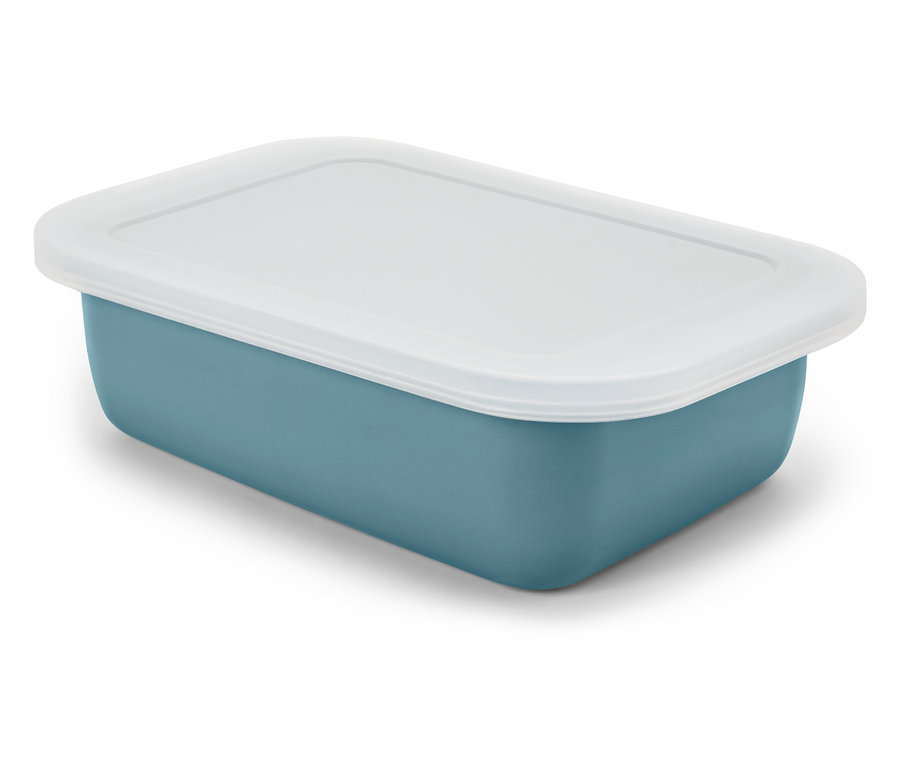 Egy kék téglalap alakú doboz fehér fedővel.