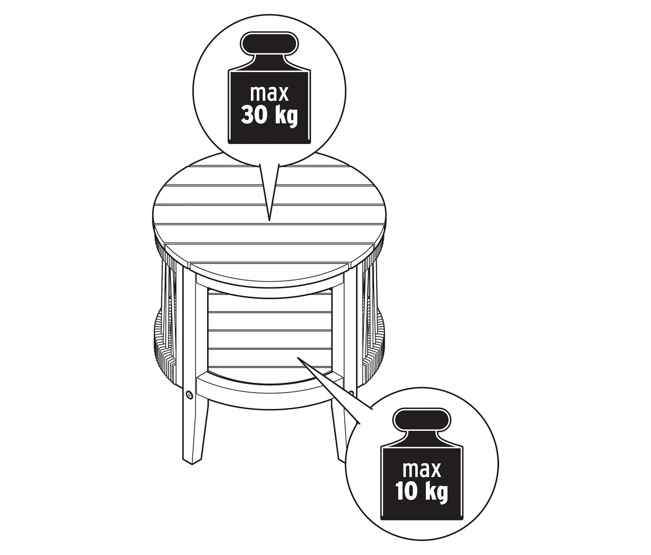 Illusztráció egy kerti asztalról levehető asztallappal, kb. 50 cm átmérővel, súlyinformációkkal.