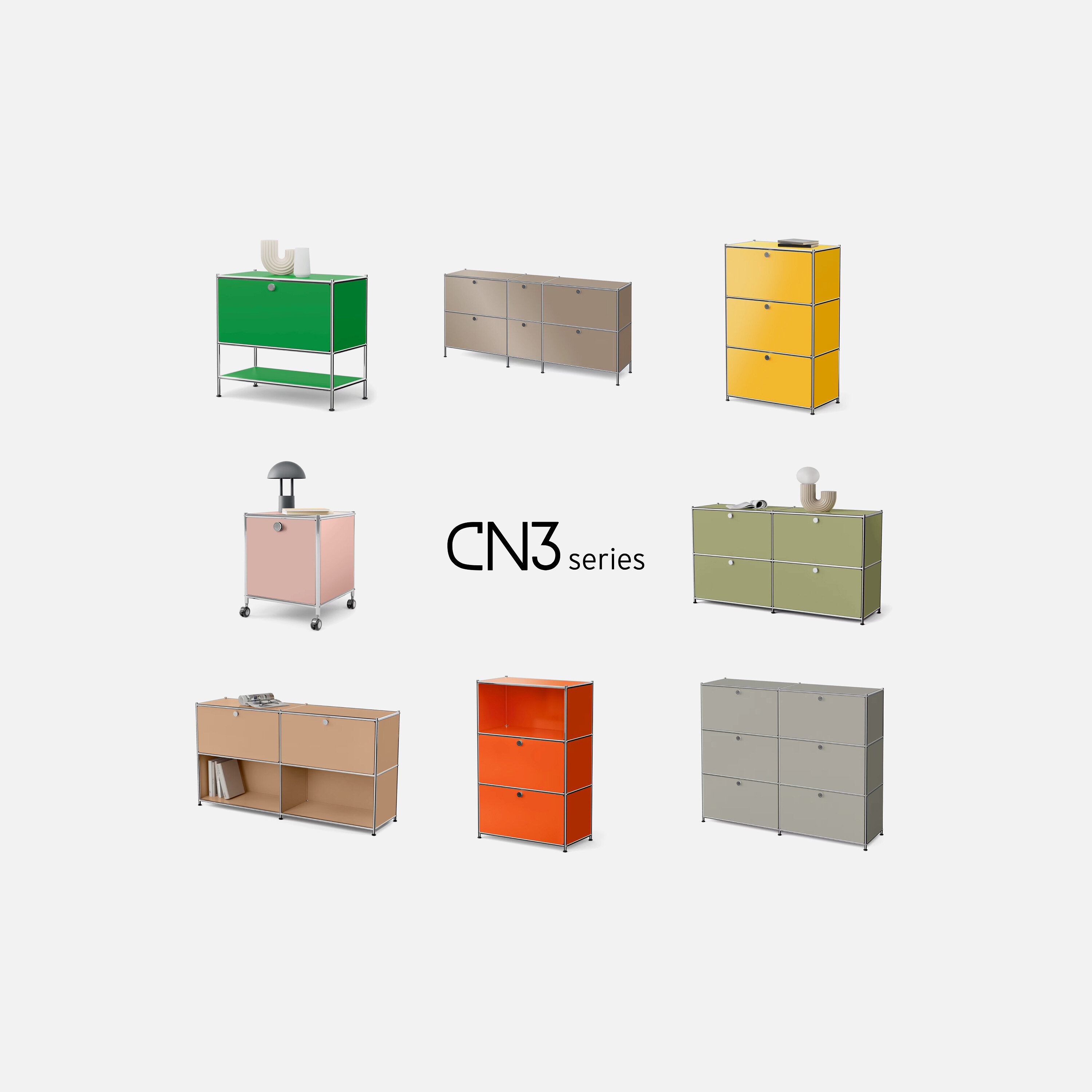 Kilenc USM moduláris bútorrendszer zöld, bézs, sárga, rózsaszín, világoszöld, narancssárga és szürke színben, rácsba rendezve.