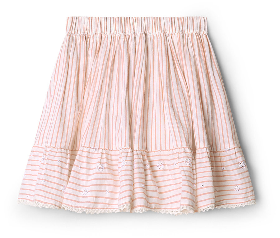 Gyerek szövetszoknya függőleges barackcsíkokkal világos alapon, gumírozott derékkal, fodros résszel virághímzéssel és csipkeszegéllyel.